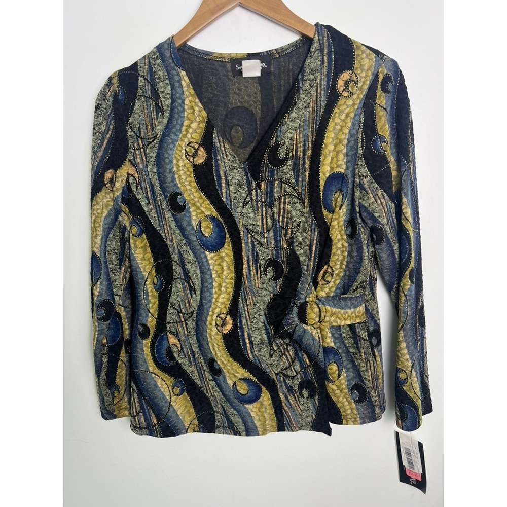 NWT!‎ Sharon Anthony MD Blue Gold Abstract Swirl Buckle Wrap Artsy Y2K Top Shirt